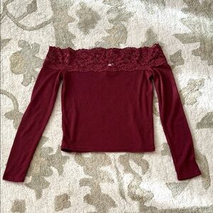 Divided Burgundy Off-Shoulder Lace Blouse